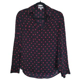 Express Polka Dot Button-Up Slim Fit Blouse S Black Red Collared‎ Long Sleeve
